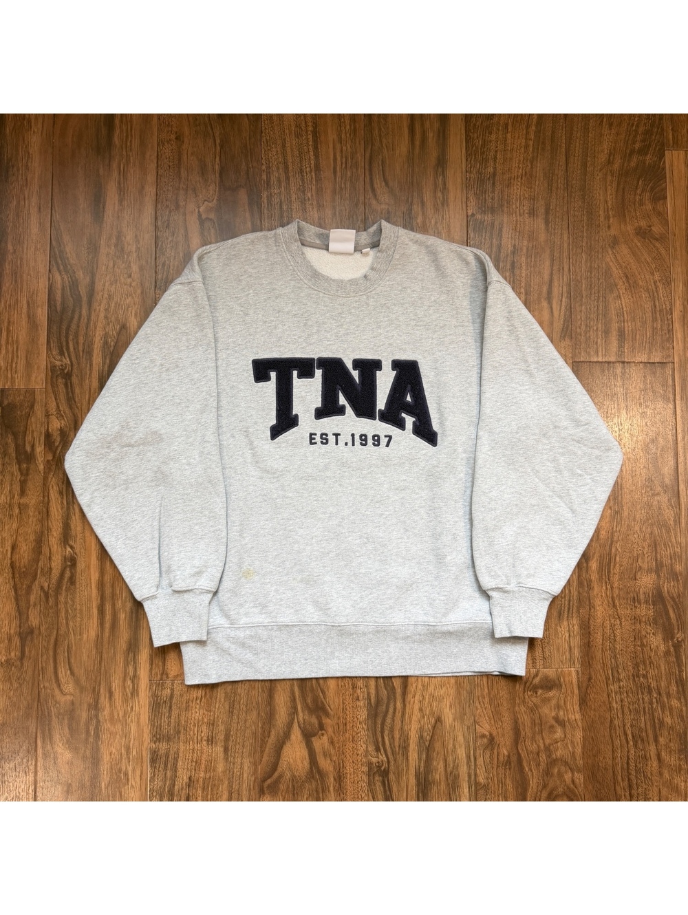Aritzia TNA Sweatfleece Boyfriend Crewneck Sweatshirt S Gray Arch Logo